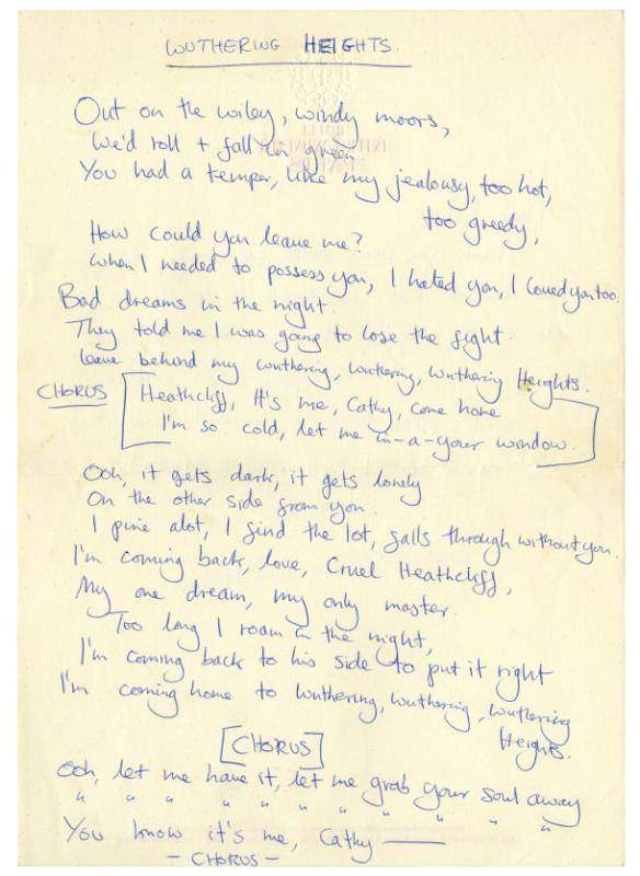 Lyrics for 'Wuthering Heights', handwritten by Kate